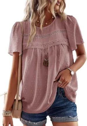 Womens Summer Tops Crewneck Short Sleeve Shirts Casual Chiffon Blouses Flowy Lace Hem Boho Clothing Trendy 2025