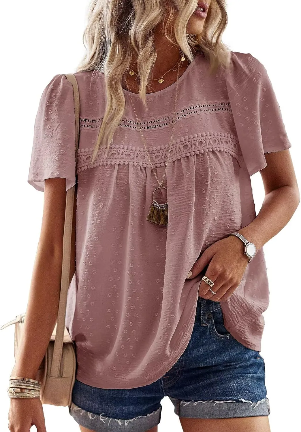Womens Summer Tops Crewneck Short Sleeve Shirts Casual Chiffon Blouses Flowy Lace Hem Boho Clothing Trendy 2025