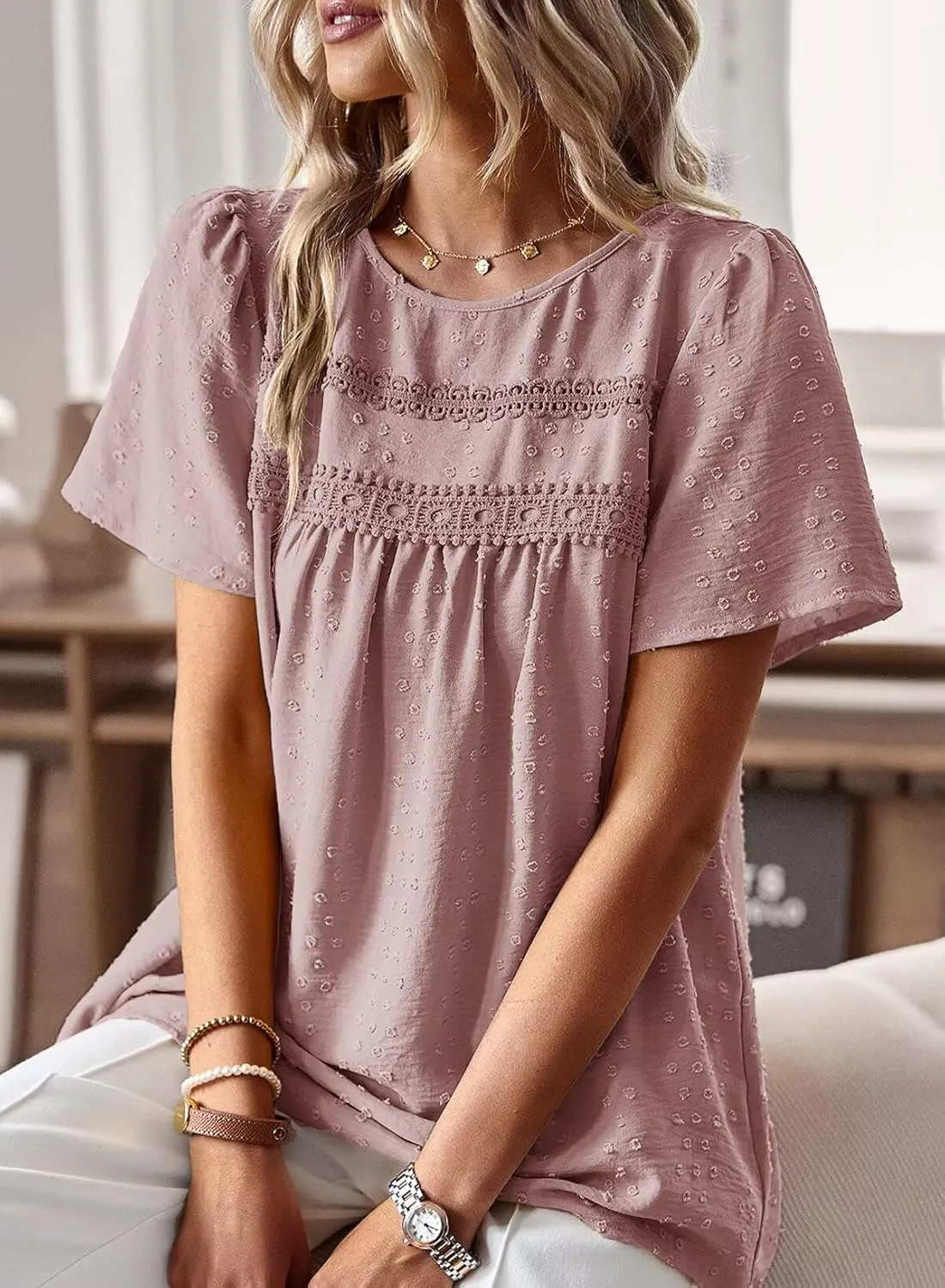 Womens Summer Tops Crewneck Short Sleeve Shirts Casual Chiffon Blouses Flowy Lace Hem Boho Clothing Trendy 2025