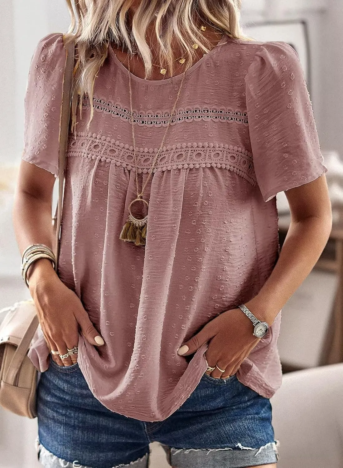 Womens Summer Tops Crewneck Short Sleeve Shirts Casual Chiffon Blouses Flowy Lace Hem Boho Clothing Trendy 2025