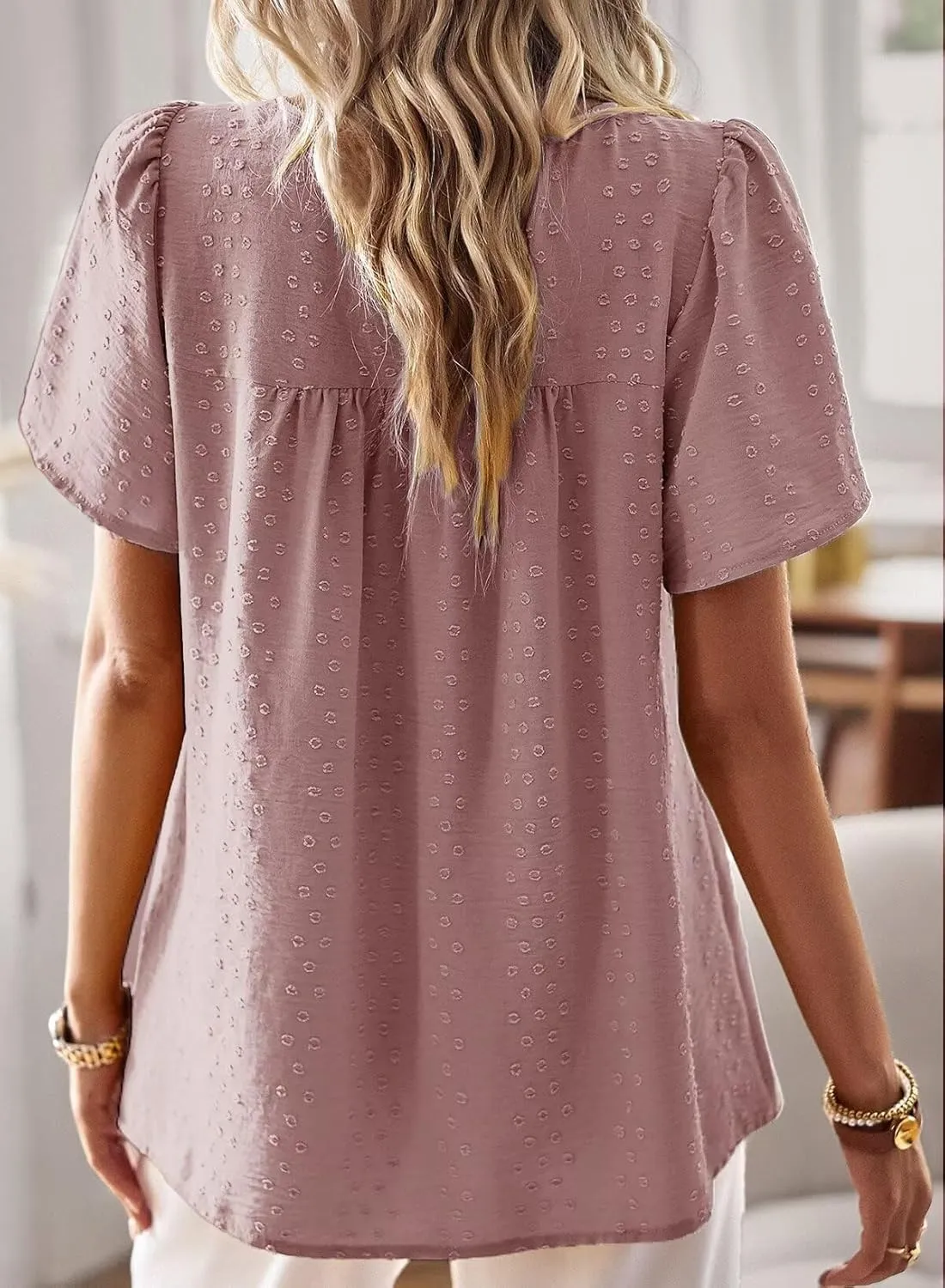 Womens Summer Tops Crewneck Short Sleeve Shirts Casual Chiffon Blouses Flowy Lace Hem Boho Clothing Trendy 2025