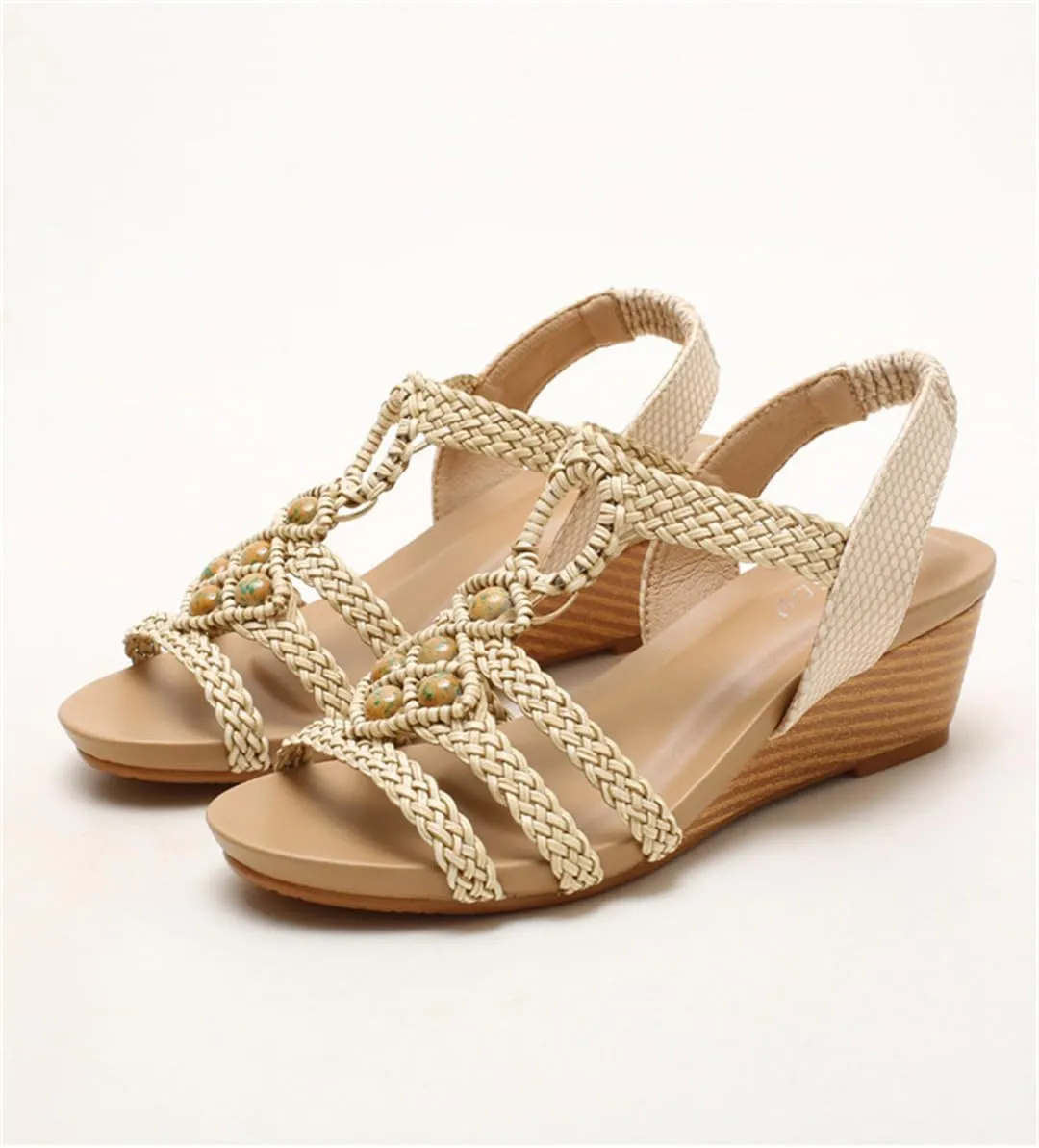 Women's Summer Vintage Braided Beaded Wedges Sandals Open Toe Non-Slip Casual Beach Ankle Strap Slippers