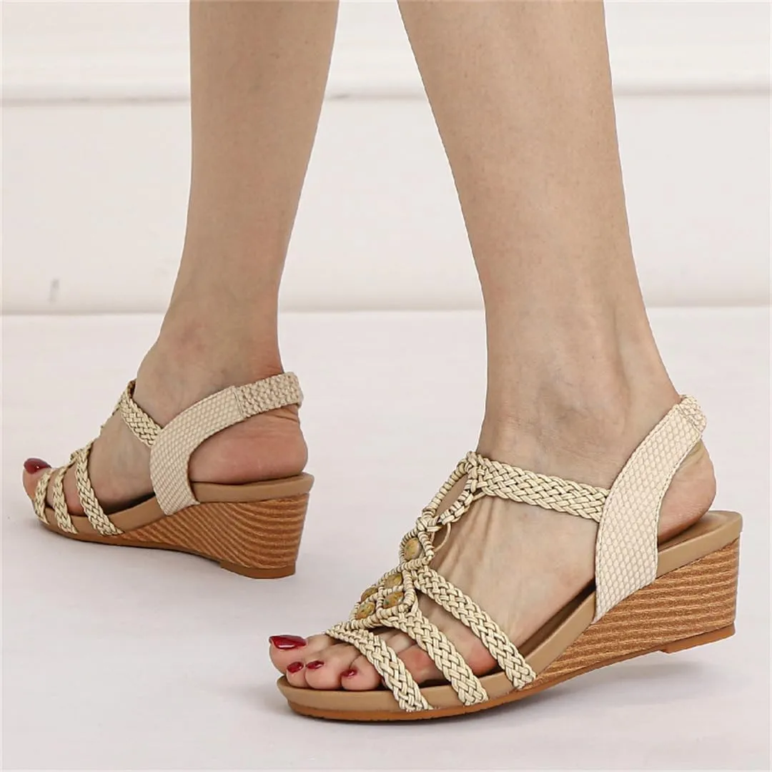 Women's Summer Vintage Braided Beaded Wedges Sandals Open Toe Non-Slip Casual Beach Ankle Strap Slippers