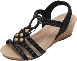 Women's Summer Vintage Braided Beaded Wedges Sandals Open Toe Non-Slip Casual Beach Ankle Strap Slippers