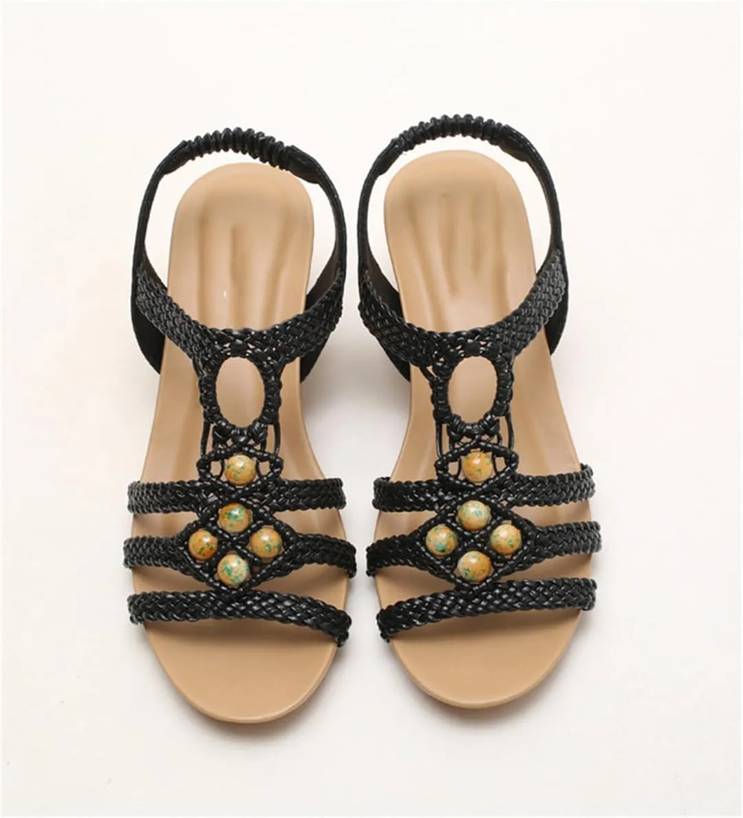 Women's Summer Vintage Braided Beaded Wedges Sandals Open Toe Non-Slip Casual Beach Ankle Strap Slippers