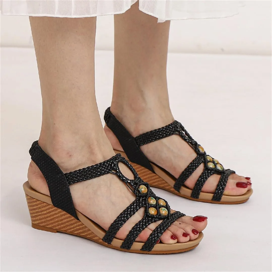 Women's Summer Vintage Braided Beaded Wedges Sandals Open Toe Non-Slip Casual Beach Ankle Strap Slippers