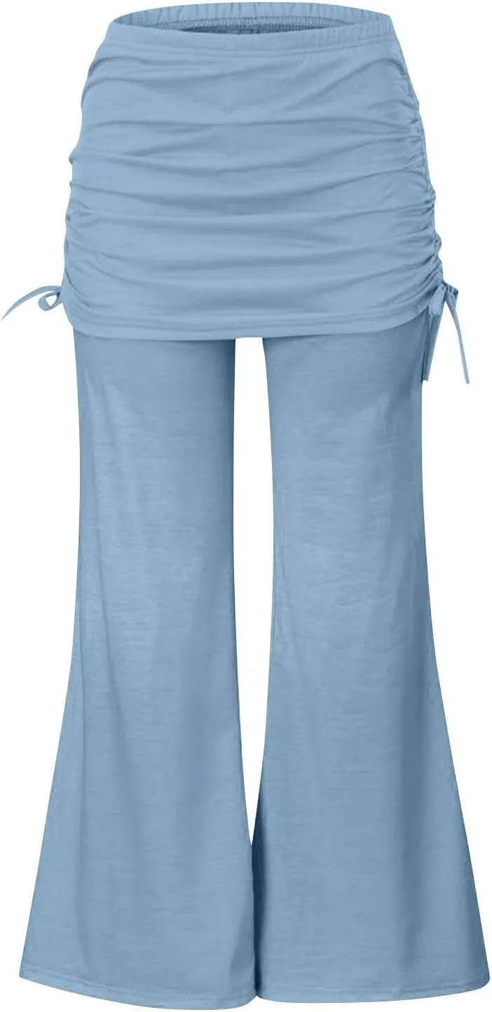 Women's Summer Vintage Print Wide Leg Pants Casual Flared Drawstring Trousers Elastic High Waist Palazzo Pants