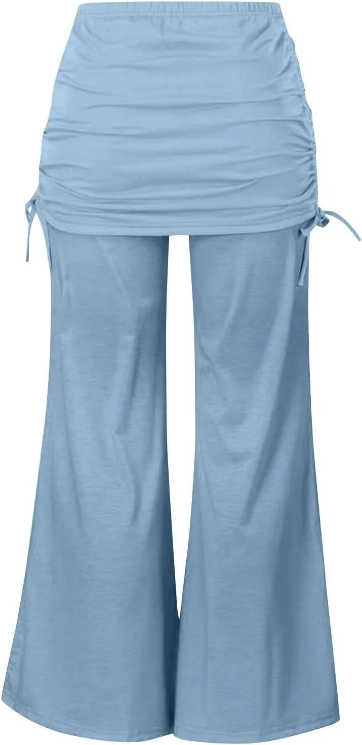 Women's Summer Vintage Print Wide Leg Pants Casual Flared Drawstring Trousers Elastic High Waist Palazzo Pants