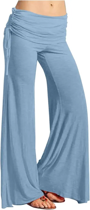 Women's Summer Vintage Print Wide Leg Pants Casual Flared Drawstring Trousers Elastic High Waist Palazzo Pants