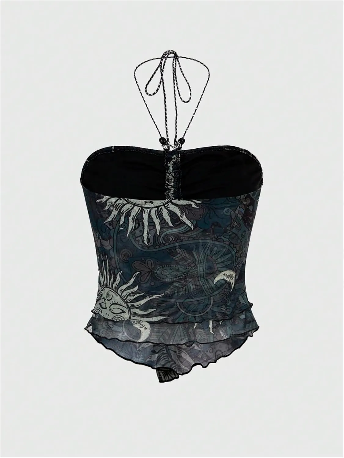 Women's Tribal Pattern Asymmetrical Hem Tie Halter Backless Tops Boho Ruched Sleeveless Cami Tops