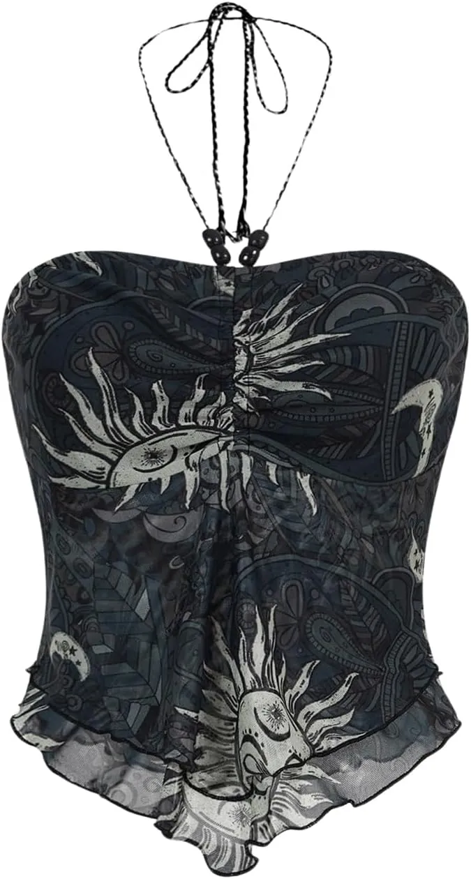 Women's Tribal Pattern Asymmetrical Hem Tie Halter Backless Tops Boho Ruched Sleeveless Cami Tops