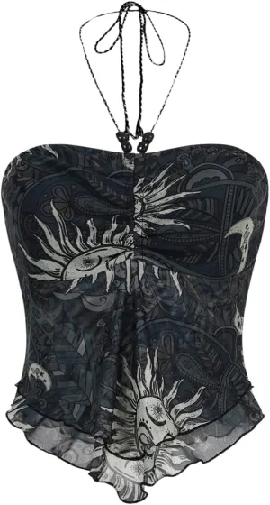 Women's Tribal Pattern Asymmetrical Hem Tie Halter Backless Tops Boho Ruched Sleeveless Cami Tops