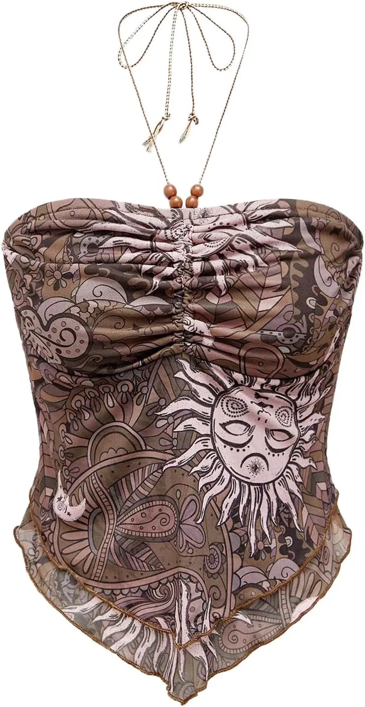 Women's Tribal Pattern Asymmetrical Hem Tie Halter Backless Tops Boho Ruched Sleeveless Cami Tops