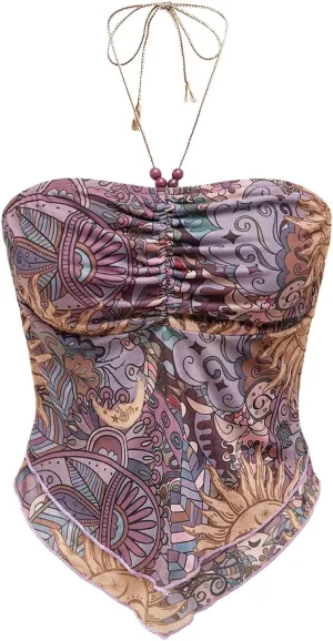 Women's Tribal Pattern Asymmetrical Hem Tie Halter Backless Tops Boho Ruched Sleeveless Cami Tops