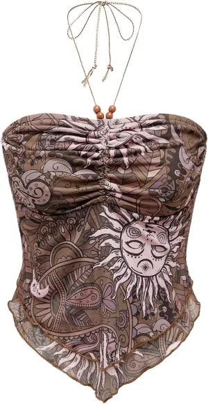 Women's Tribal Pattern Asymmetrical Hem Tie Halter Backless Tops Boho Ruched Sleeveless Cami Tops