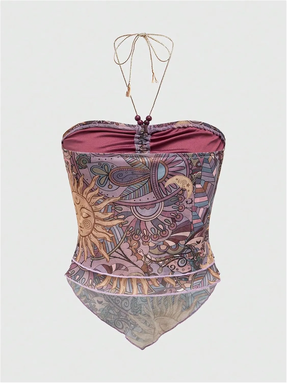 Women's Tribal Pattern Asymmetrical Hem Tie Halter Backless Tops Boho Ruched Sleeveless Cami Tops