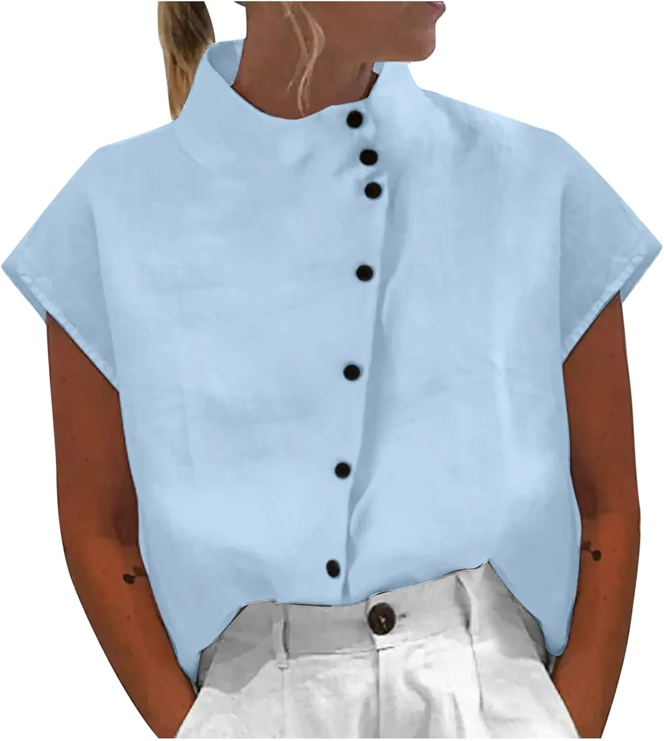 Womens Tshirts Cotton Linen High Neck Cap Sleeve Shirt Summer Fashion Casual Cotton Linen Blouses Trendy Tops