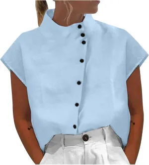 Womens Tshirts Cotton Linen High Neck Cap Sleeve Shirt Summer Fashion Casual Cotton Linen Blouses Trendy Tops