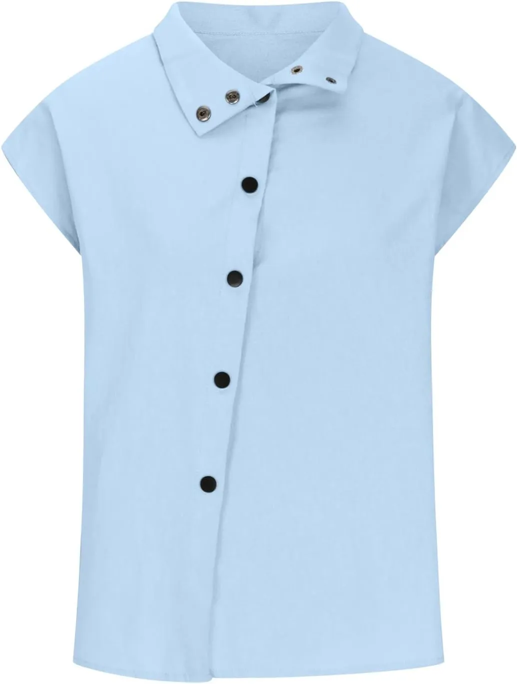 Womens Tshirts Cotton Linen High Neck Cap Sleeve Shirt Summer Fashion Casual Cotton Linen Blouses Trendy Tops