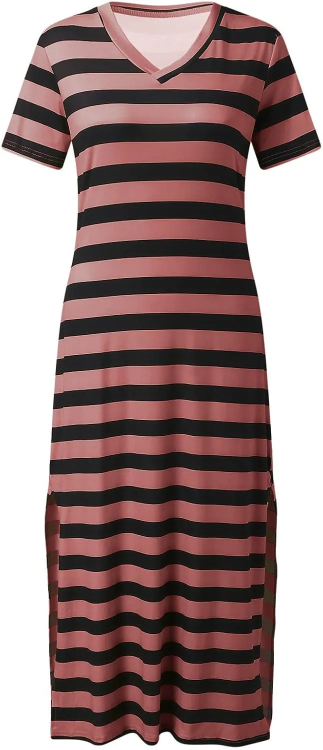 Women's V Neck Short Sleeve Midi Dresses Striped Graphic Print Sun Dresses Loose Casual Summer Dress