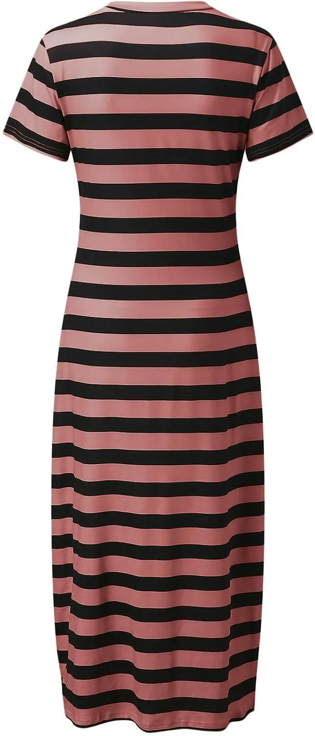 Women's V Neck Short Sleeve Midi Dresses Striped Graphic Print Sun Dresses Loose Casual Summer Dress