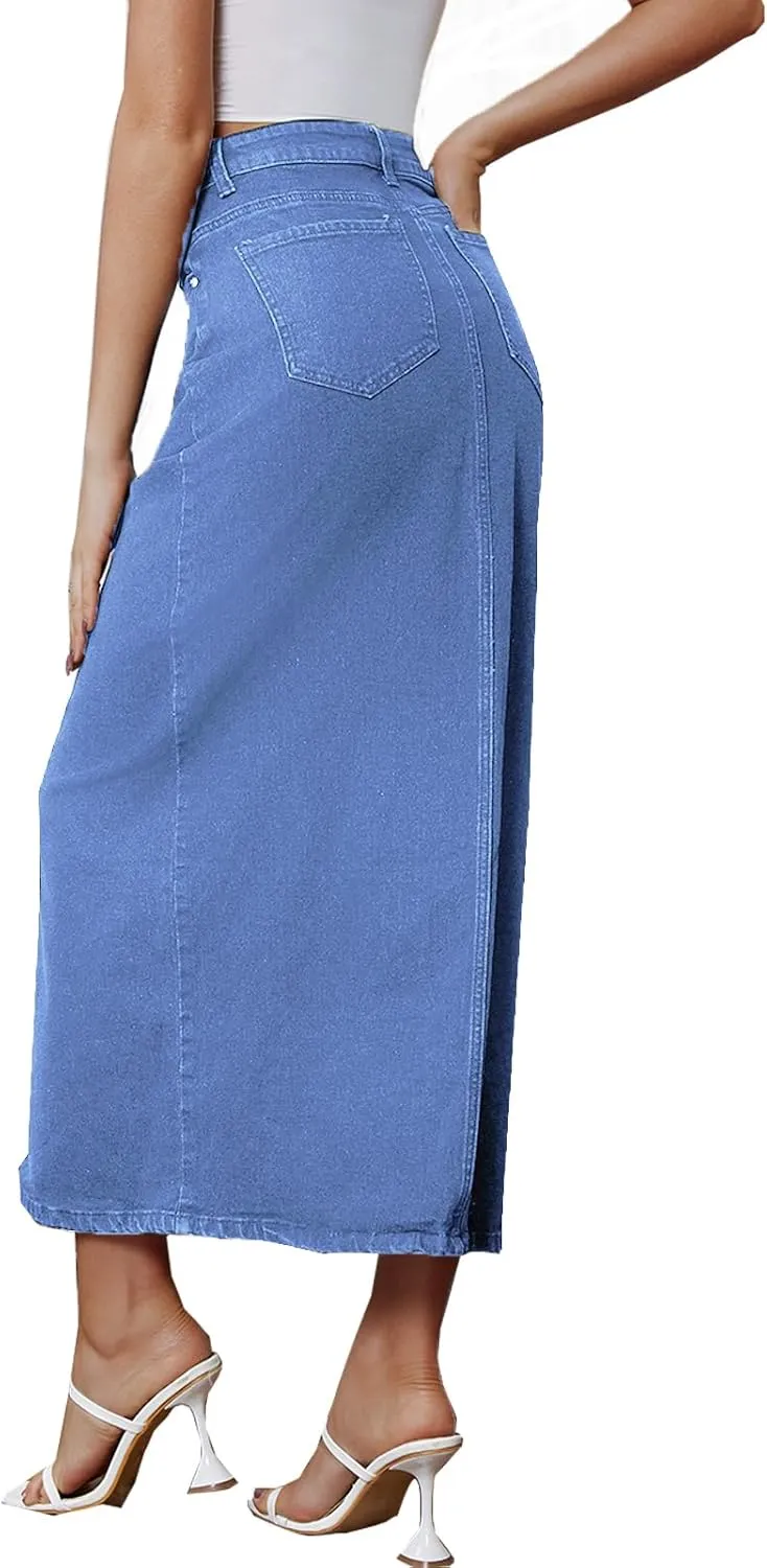 Women's Vintage Denim Long Skirt A-Line High Waisted Front Slit Casual Maxi Jean Skirt