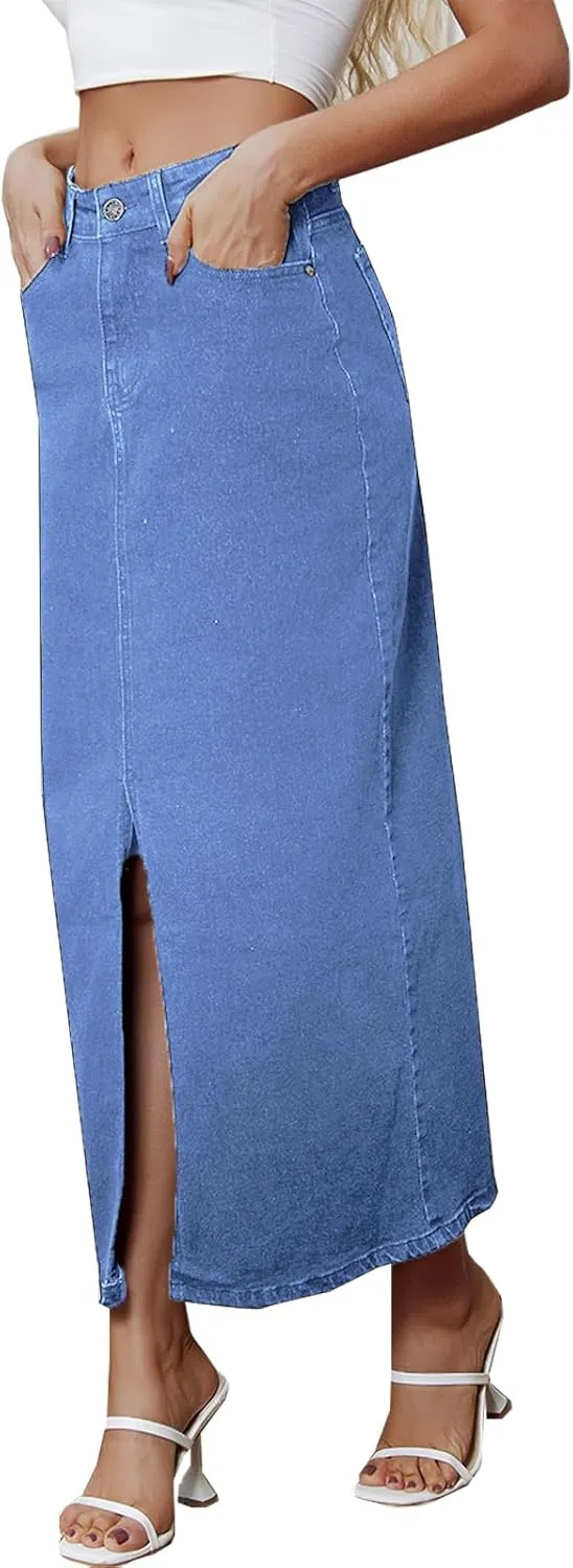 Women's Vintage Denim Long Skirt A-Line High Waisted Front Slit Casual Maxi Jean Skirt