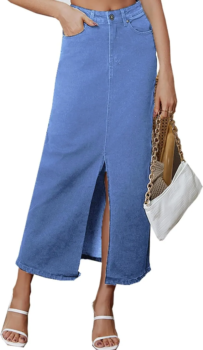 Women's Vintage Denim Long Skirt A-Line High Waisted Front Slit Casual Maxi Jean Skirt