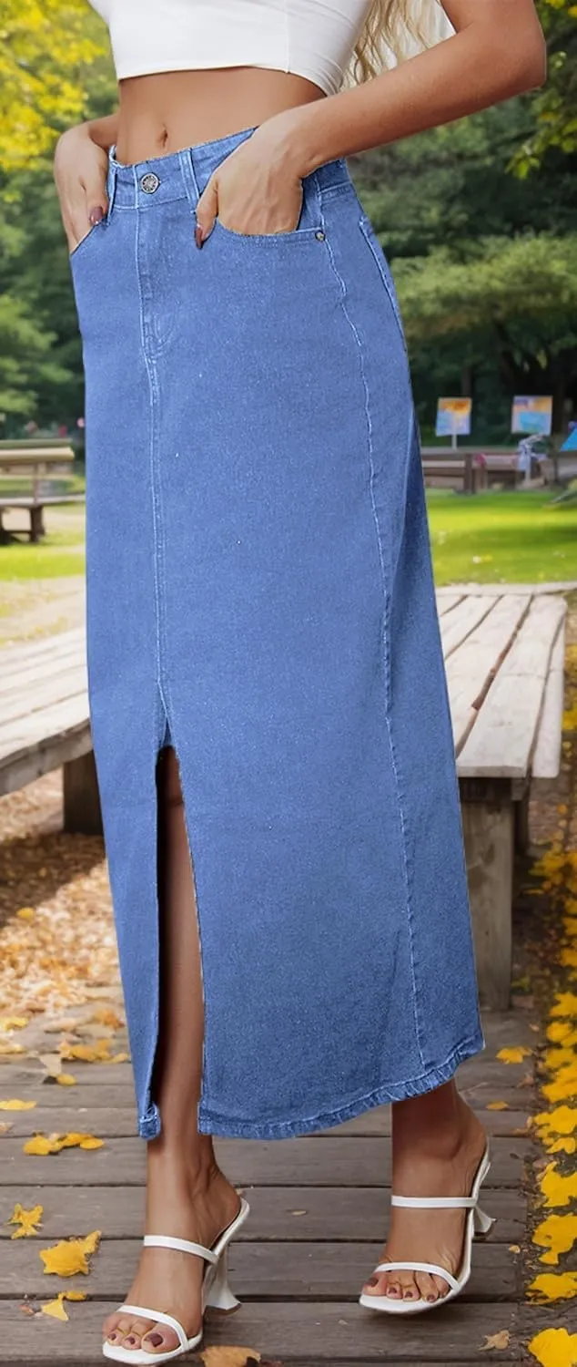 Women's Vintage Denim Long Skirt A-Line High Waisted Front Slit Casual Maxi Jean Skirt
