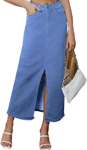 Women's Vintage Denim Long Skirt A-Line High Waisted Front Slit Casual Maxi Jean Skirt