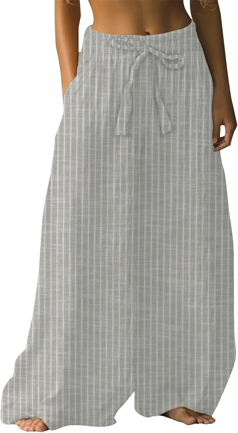Womens Wide Leg Summer Pants Flowy Side Split Palazzo Beach Pants Boho High Waisted Trousers Vacation Outfits