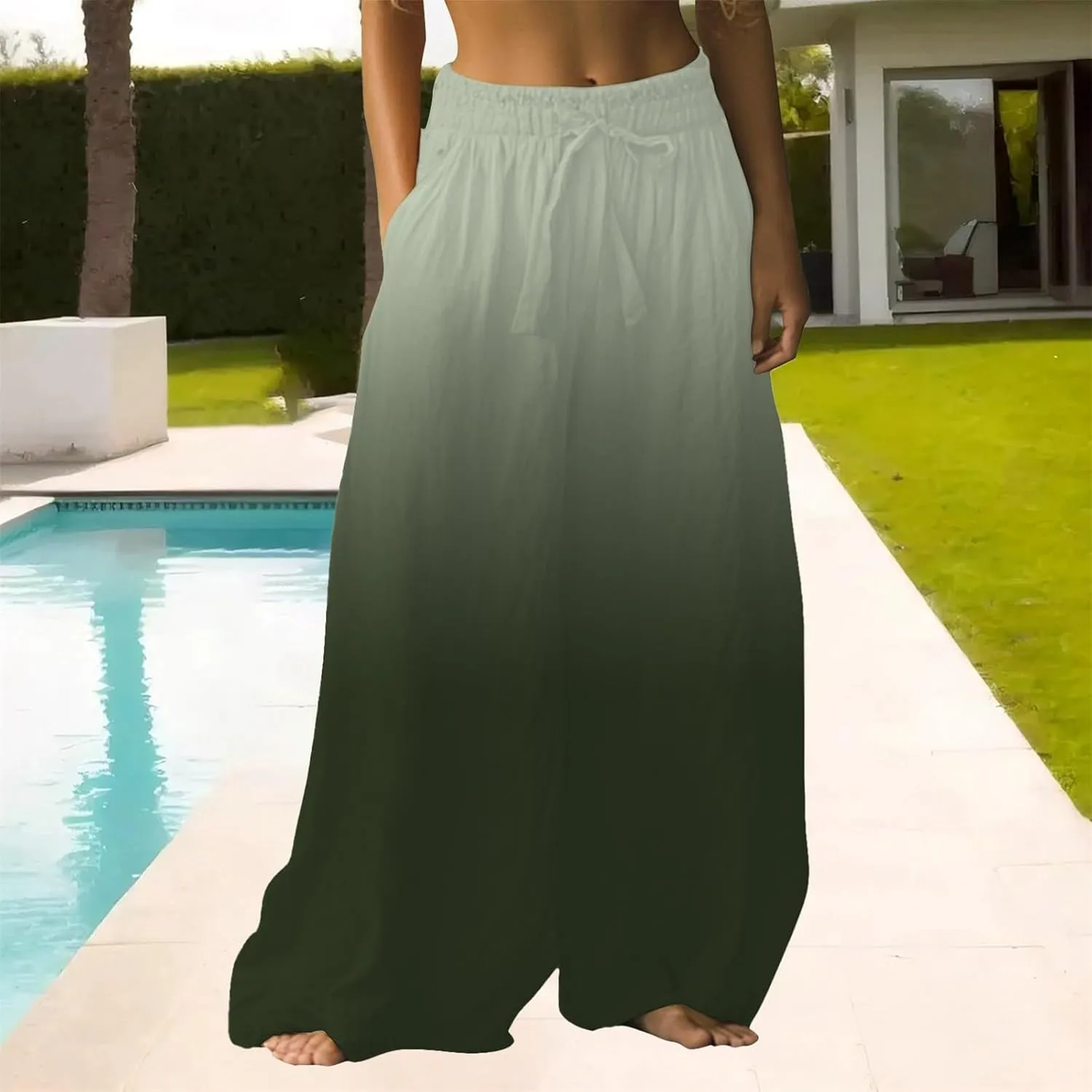 Womens Wide Leg Summer Pants Flowy Side Split Palazzo Beach Pants Boho High Waisted Trousers Vacation Outfits