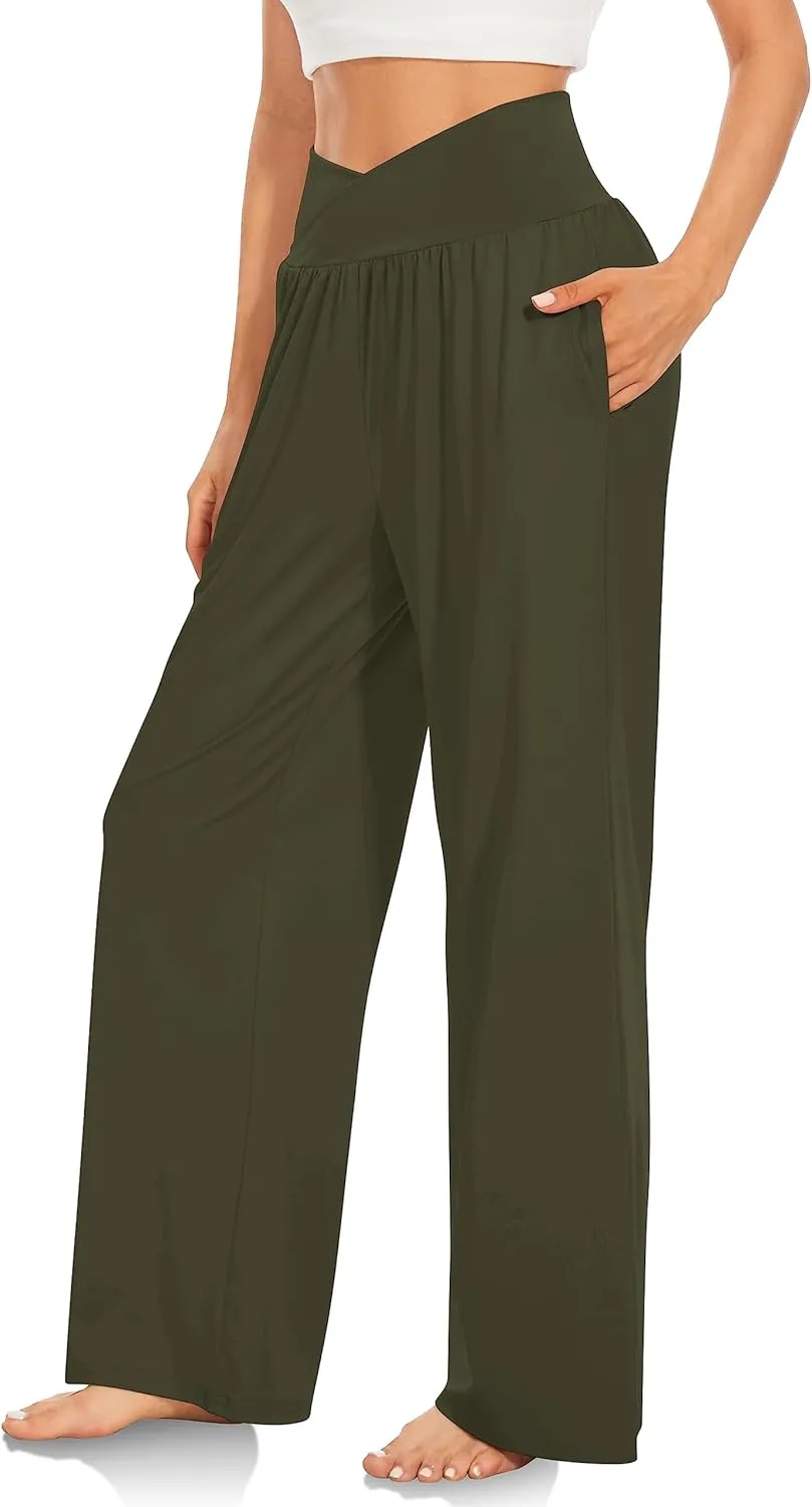 Womens Yoga Sweatpants Crossover High Waisted Casual Loose Sweatpants Comfy Straight Leg Athletic Pants with Pockets
