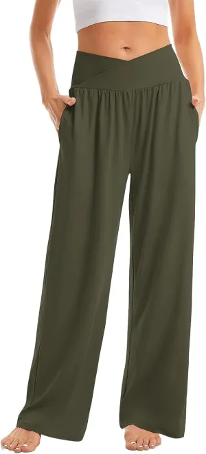 Womens Yoga Sweatpants Crossover High Waisted Casual Loose Sweatpants Comfy Straight Leg Athletic Pants with Pockets