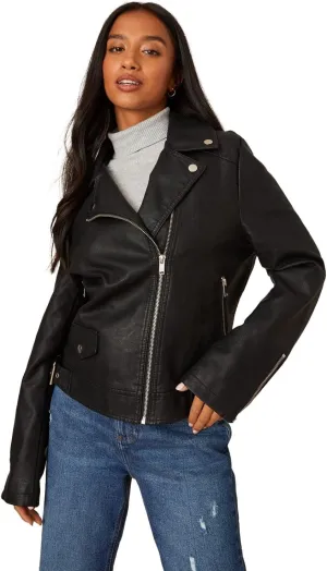 Womens/Ladies Faux Leather Petite Biker Jacket (4 US) (Black)