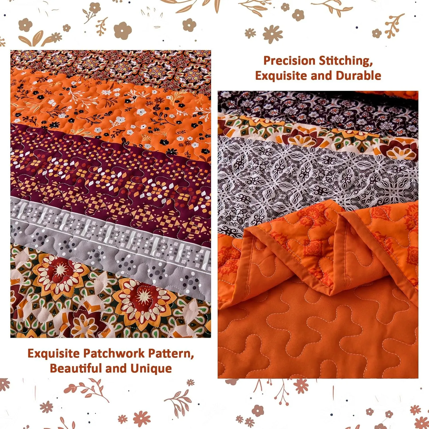 WONGS BEDDING Boho Quilt Set King,Fall Burnt Orange Bohemian Striped Patchwork Bedspread Coverlet Set with 2 Pillowcases,Lightweight Microfiber Floral Bedding Set 104"×90"