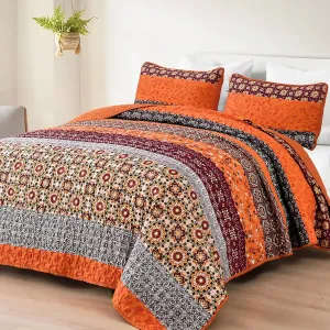 WONGS BEDDING Boho Quilt Set King,Fall Burnt Orange Bohemian Striped Patchwork Bedspread Coverlet Set with 2 Pillowcases,Lightweight Microfiber Floral Bedding Set 104"×90"
