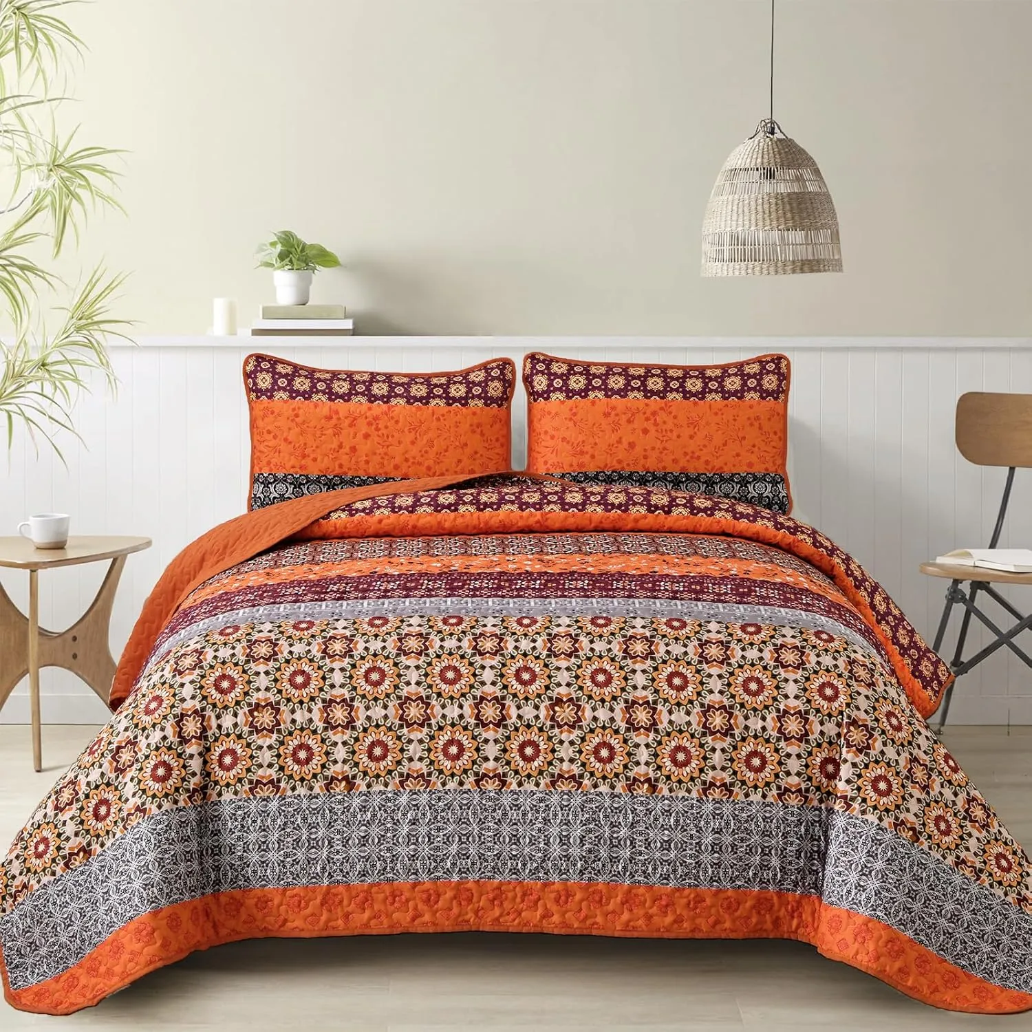 WONGS BEDDING Boho Quilt Set King,Fall Burnt Orange Bohemian Striped Patchwork Bedspread Coverlet Set with 2 Pillowcases,Lightweight Microfiber Floral Bedding Set 104"×90"