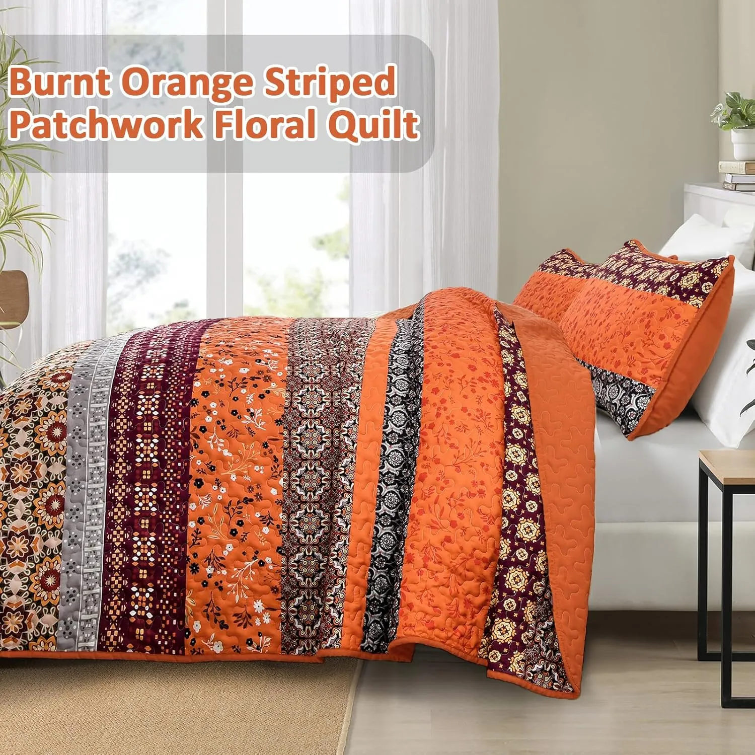 WONGS BEDDING Boho Quilt Set King,Fall Burnt Orange Bohemian Striped Patchwork Bedspread Coverlet Set with 2 Pillowcases,Lightweight Microfiber Floral Bedding Set 104"×90"