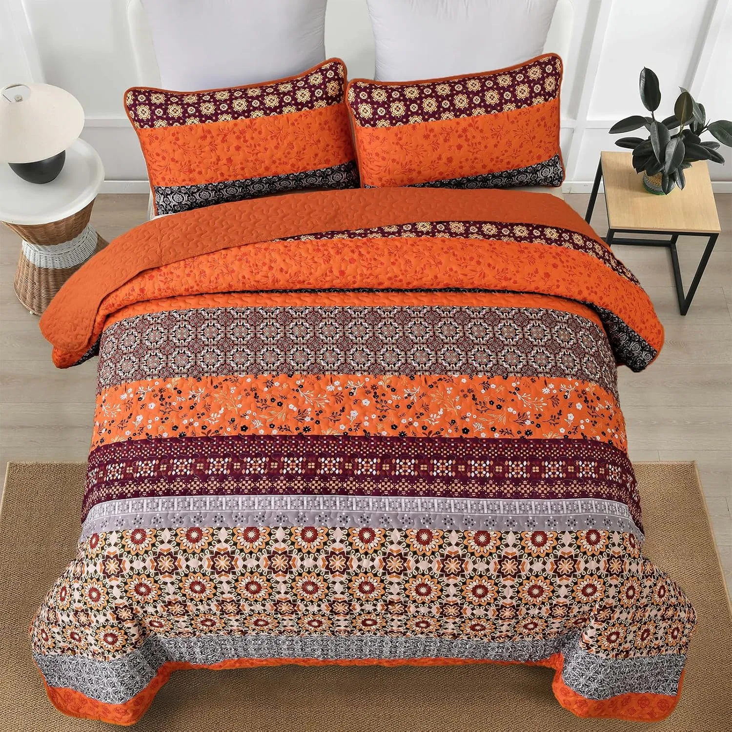 WONGS BEDDING Boho Quilt Set King,Fall Burnt Orange Bohemian Striped Patchwork Bedspread Coverlet Set with 2 Pillowcases,Lightweight Microfiber Floral Bedding Set 104"×90"