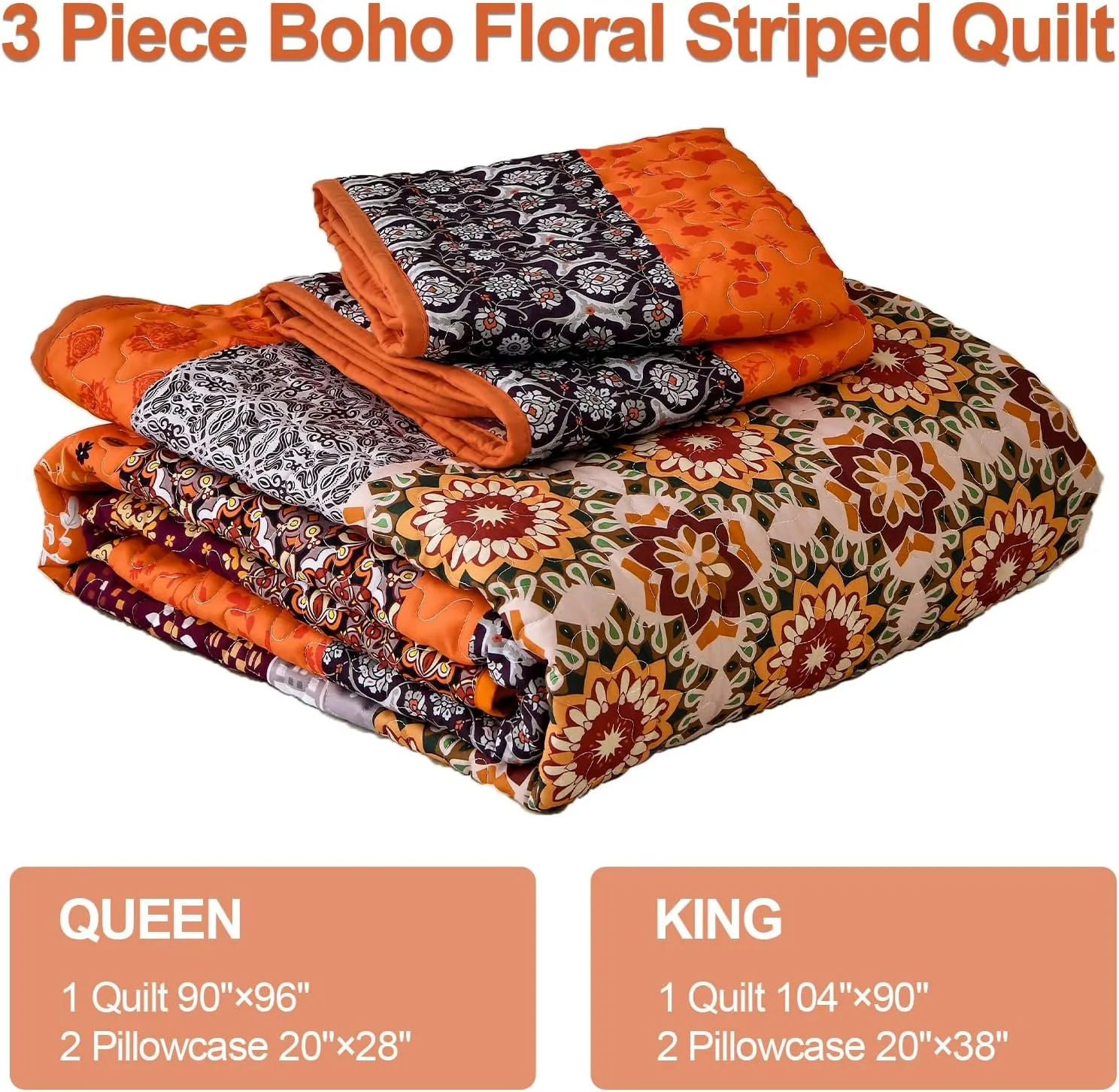 WONGS BEDDING Boho Quilt Set King,Fall Burnt Orange Bohemian Striped Patchwork Bedspread Coverlet Set with 2 Pillowcases,Lightweight Microfiber Floral Bedding Set 104"×90"