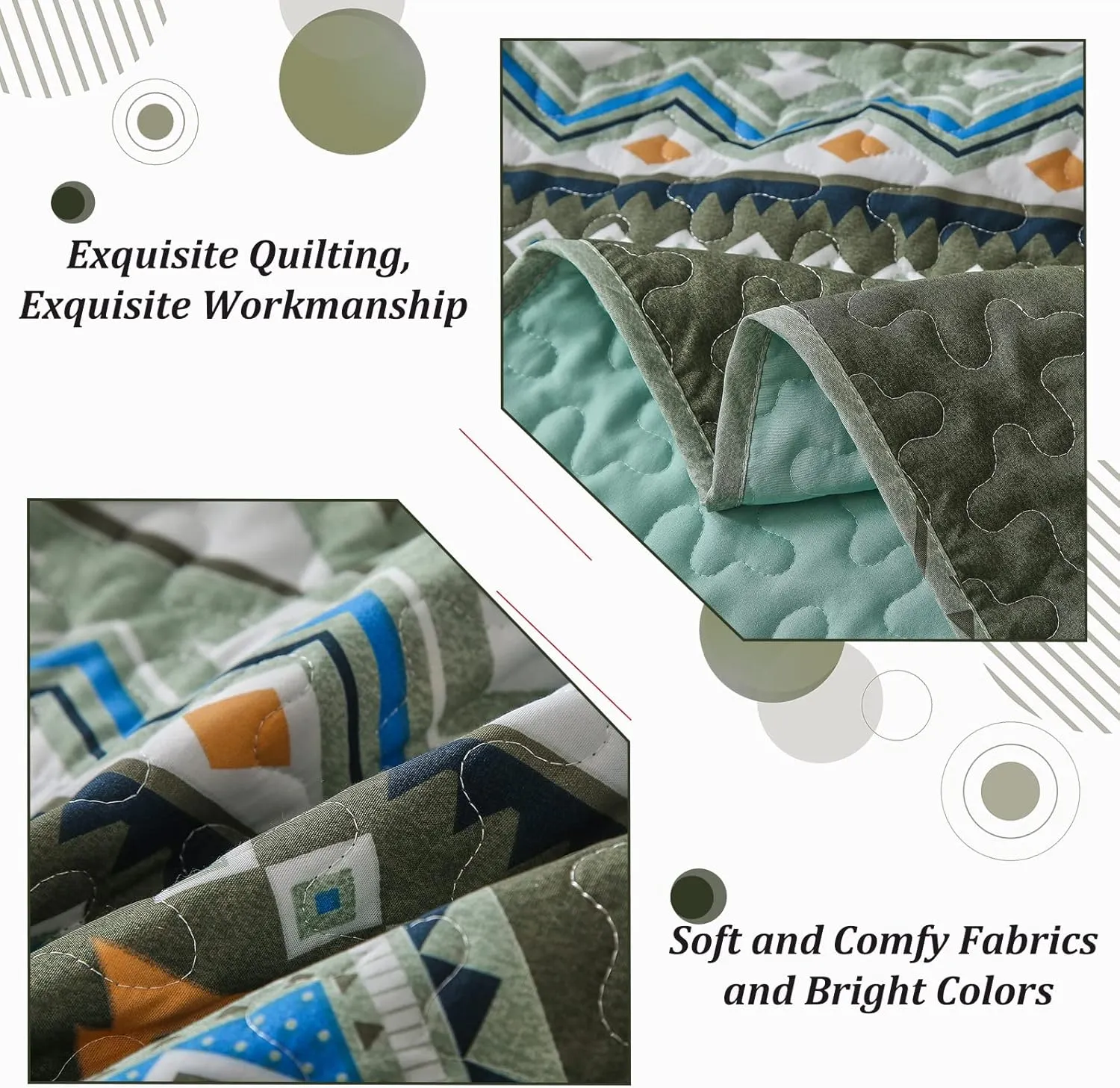 WONGS BEDDING Green Boho Quilt Set Full,3 PCS Fall Quilt Bedspread Lightweight Geometry Printed Coverlet Set with 2 Pillowcase,Soft Bohemian Bedding Set 78"×90"