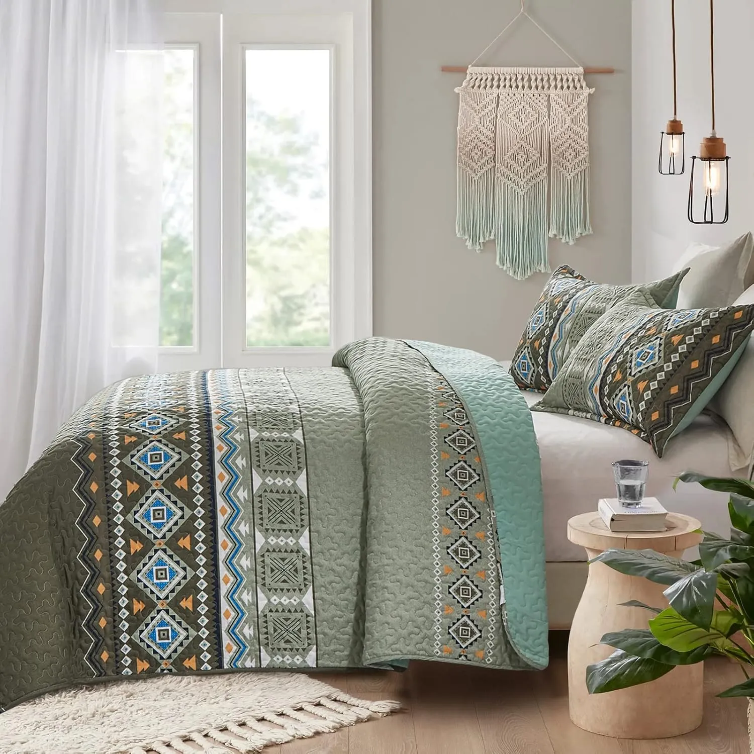 WONGS BEDDING Green Boho Quilt Set Full,3 PCS Fall Quilt Bedspread Lightweight Geometry Printed Coverlet Set with 2 Pillowcase,Soft Bohemian Bedding Set 78"×90"