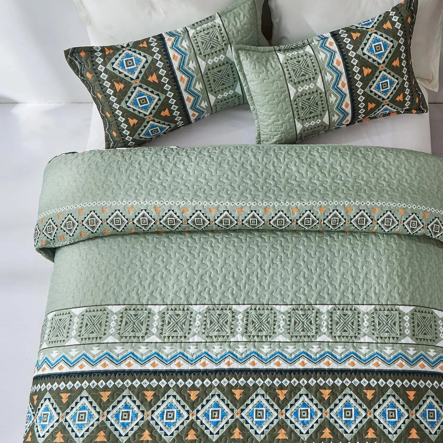 WONGS BEDDING Green Boho Quilt Set Full,3 PCS Fall Quilt Bedspread Lightweight Geometry Printed Coverlet Set with 2 Pillowcase,Soft Bohemian Bedding Set 78"×90"