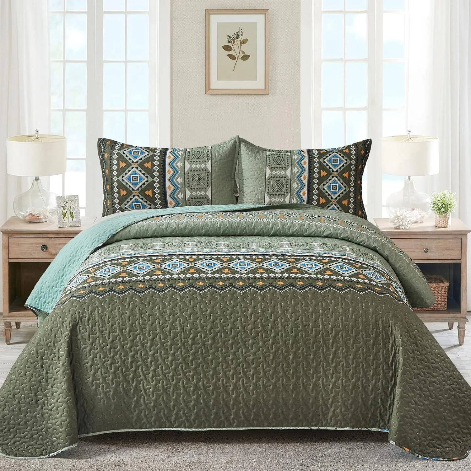 WONGS BEDDING Green Boho Quilt Set Full,3 PCS Fall Quilt Bedspread Lightweight Geometry Printed Coverlet Set with 2 Pillowcase,Soft Bohemian Bedding Set 78"×90"