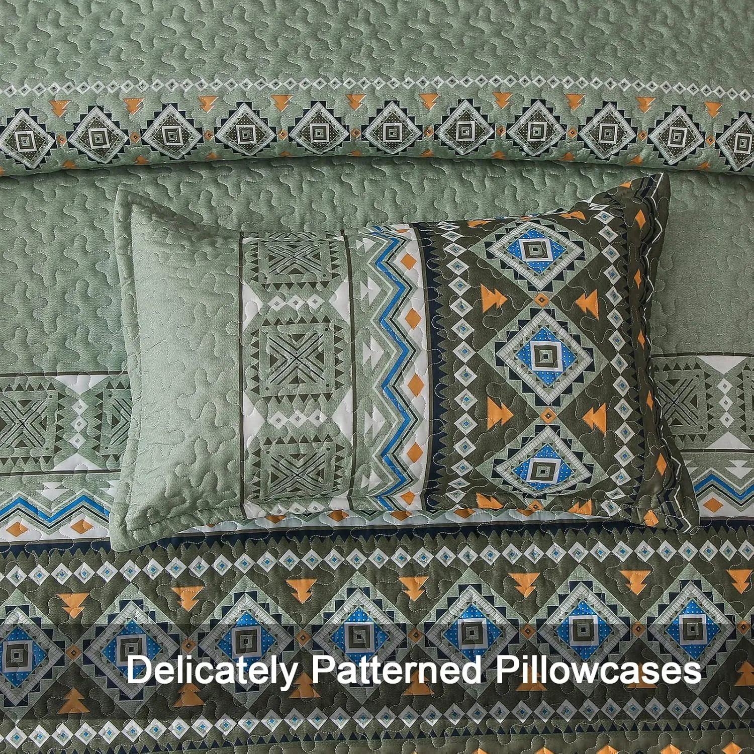 WONGS BEDDING Green Boho Quilt Set Full,3 PCS Fall Quilt Bedspread Lightweight Geometry Printed Coverlet Set with 2 Pillowcase,Soft Bohemian Bedding Set 78"×90"