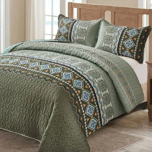WONGS BEDDING Green Boho Quilt Set Full,3 PCS Fall Quilt Bedspread Lightweight Geometry Printed Coverlet Set with 2 Pillowcase,Soft Bohemian Bedding Set 78"×90"