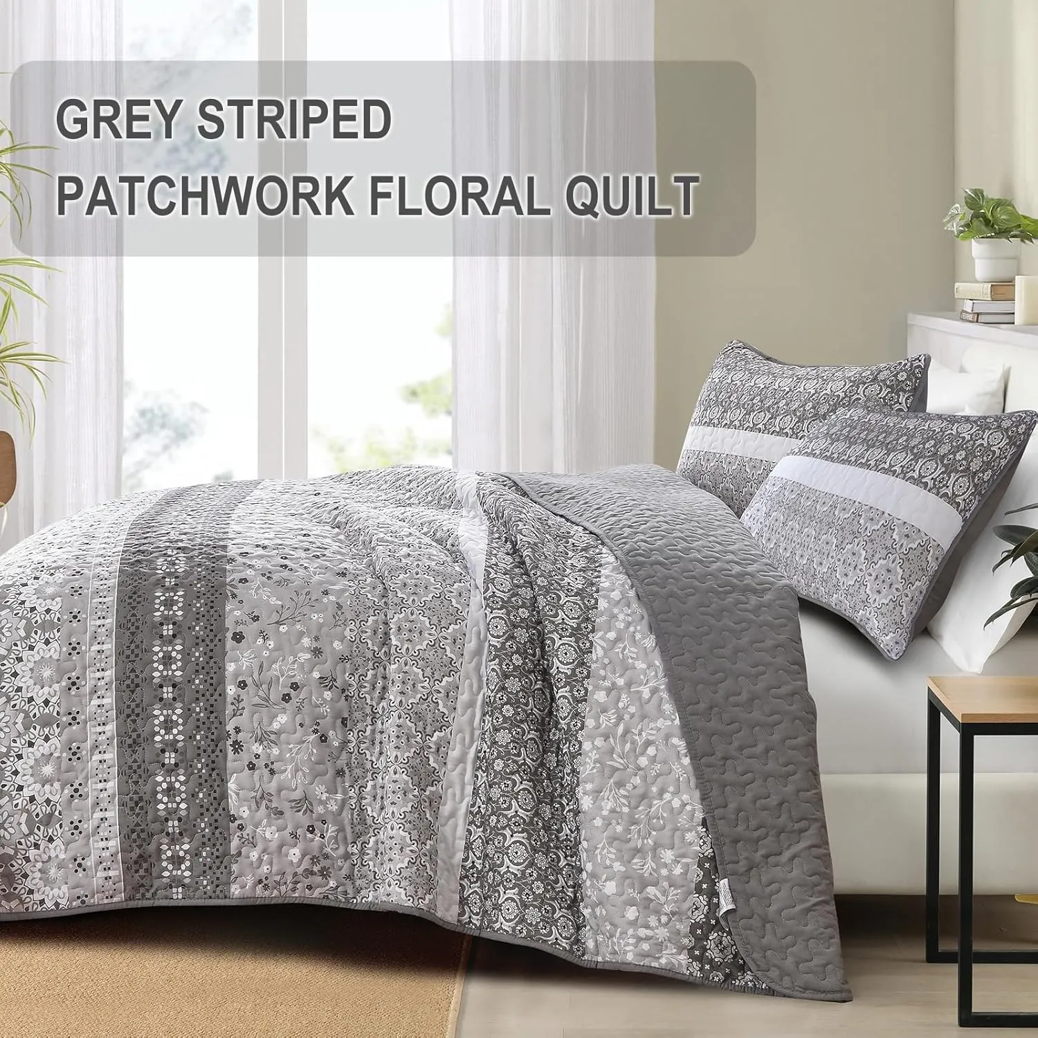 WONGS BEDDING Grey Boho Quilt Set King,Bohemian Floral Striped Patchwork Bedspread Coverlet Set with 2 Pillowcases,Lightweight Microfiber Bohemian Quilt Bedding Set 104"×90"