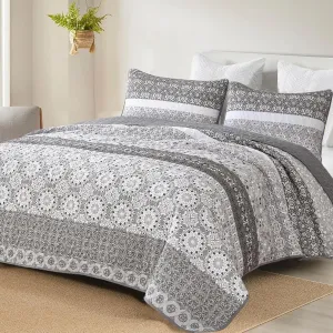 WONGS BEDDING Grey Boho Quilt Set King,Bohemian Floral Striped Patchwork Bedspread Coverlet Set with 2 Pillowcases,Lightweight Microfiber Bohemian Quilt Bedding Set 104"×90"