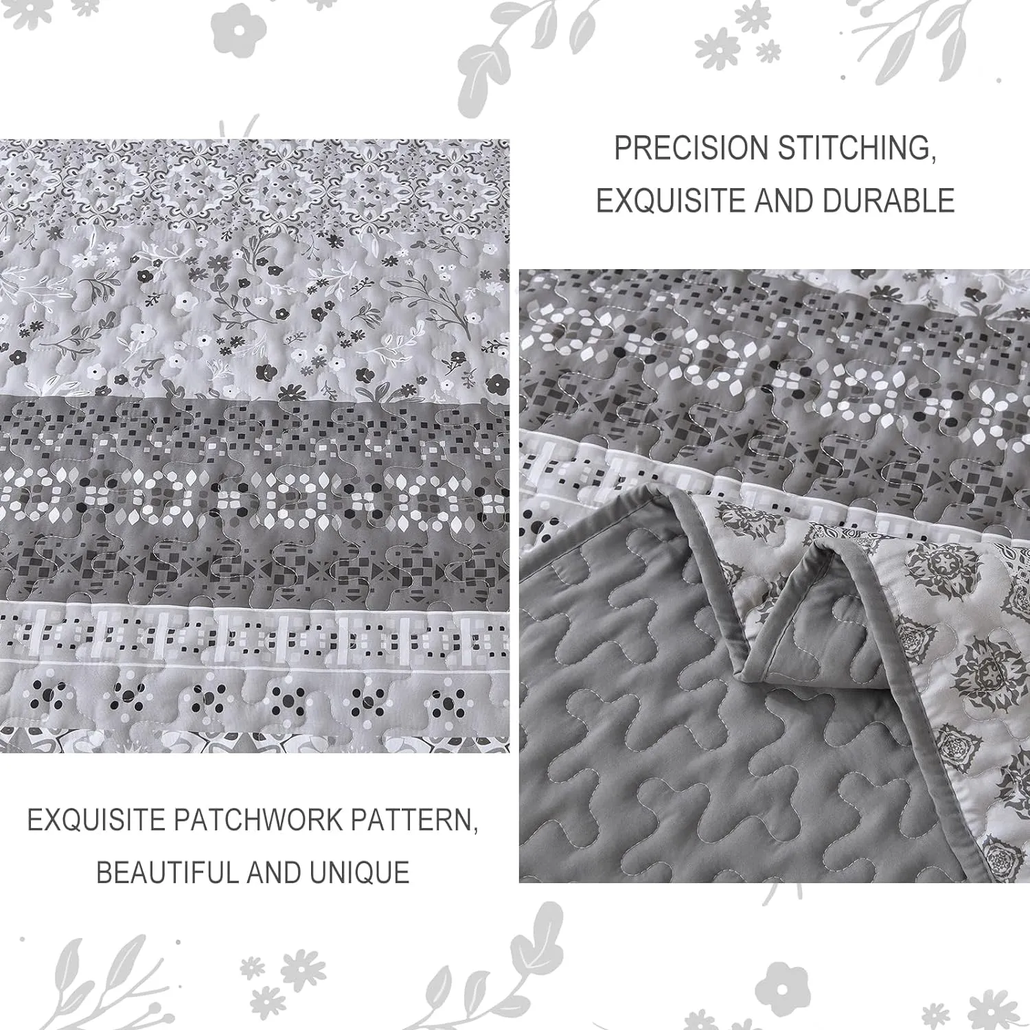 WONGS BEDDING Grey Boho Quilt Set King,Bohemian Floral Striped Patchwork Bedspread Coverlet Set with 2 Pillowcases,Lightweight Microfiber Bohemian Quilt Bedding Set 104"×90"